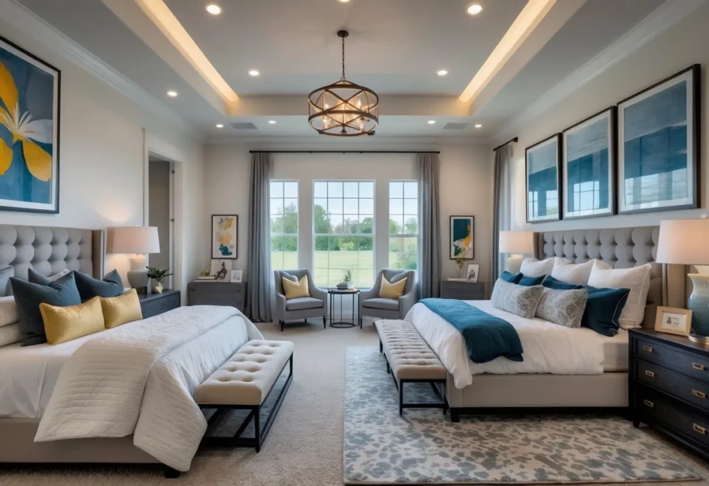 Interior view of a modern home showing multiple bedrooms with different furniture and decor styles.