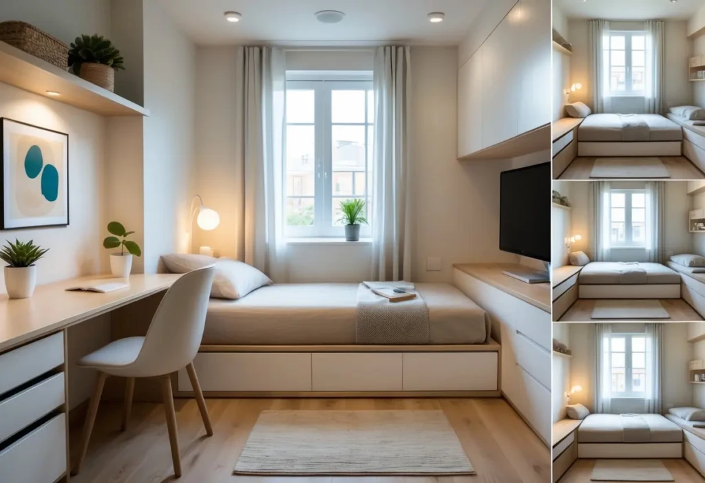 A small bedroom with a single bed, desk, shelves, and natural light from a window.