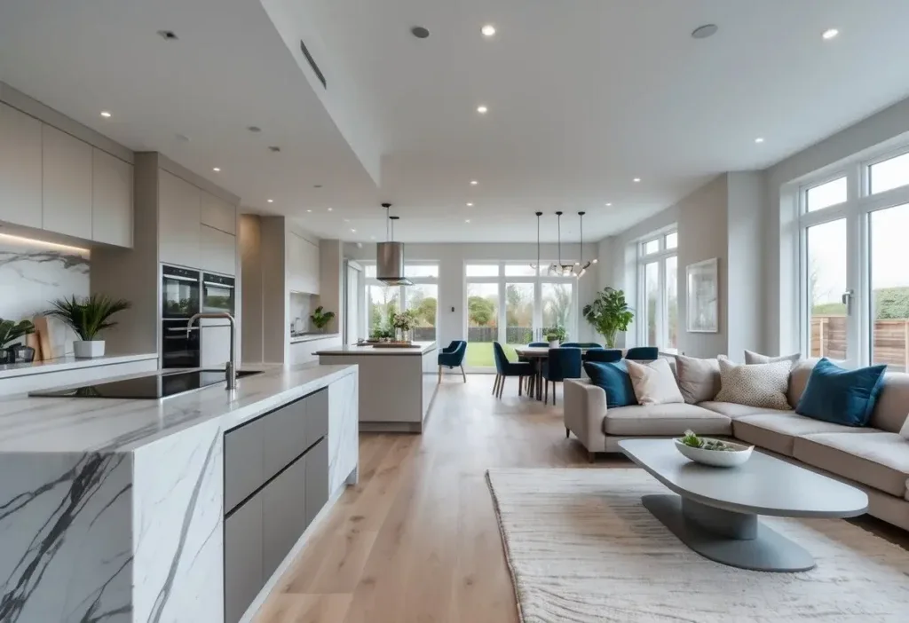 Open plan kitchen and living room with a kitchen island, sofa, large windows, and wooden flooring.