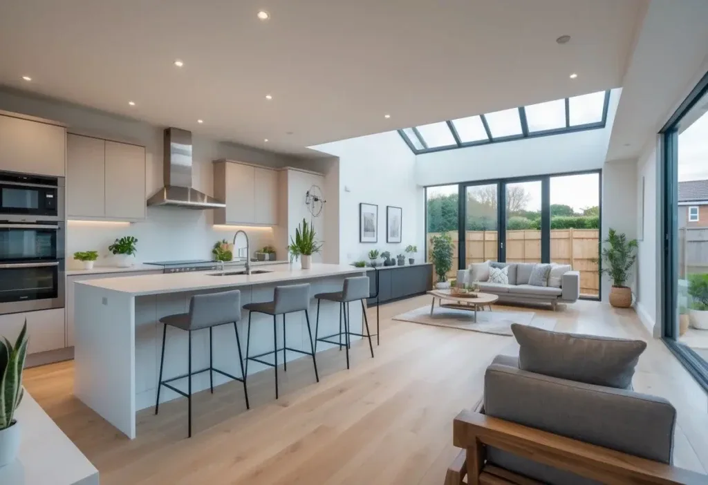 Open plan kitchen and living room with kitchen island, sofa, large windows, and wooden flooring.