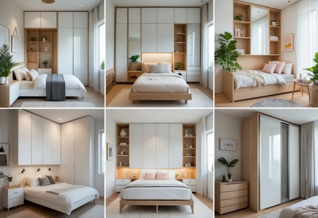 A collage of seven small bedrooms, each with a wardrobe and space-saving furniture arranged to maximize the room.