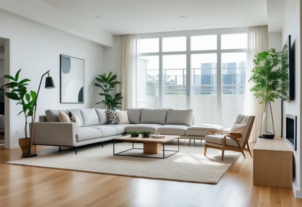 A bright living room with a gray sofa, wooden coffee table, indoor plants, and large windows letting in natural light.