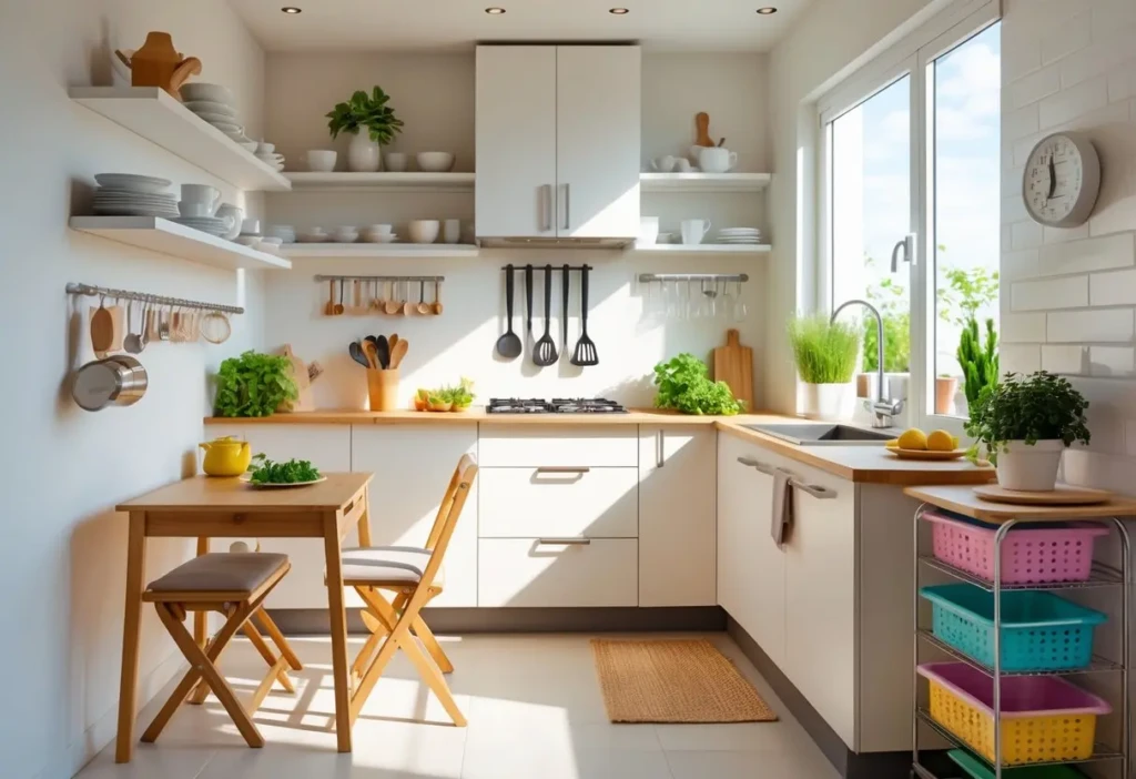 A small, organized kitchen with open shelves, a foldable table, wall-mounted knives, potted herbs, and storage containers demonstrating budget-friendly design ideas.
