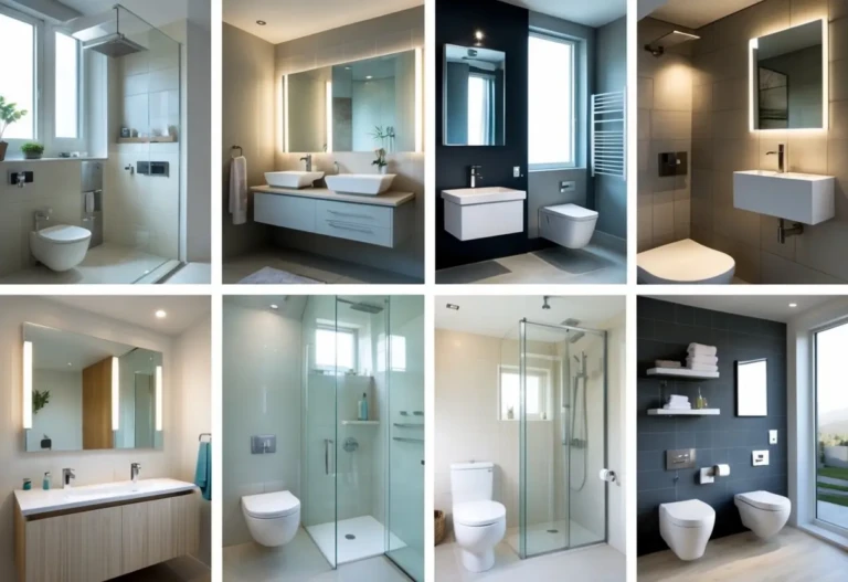 Seven small full bathrooms arranged in a collage, each showing a shower, toilet, and sink with space-saving designs and modern fixtures.