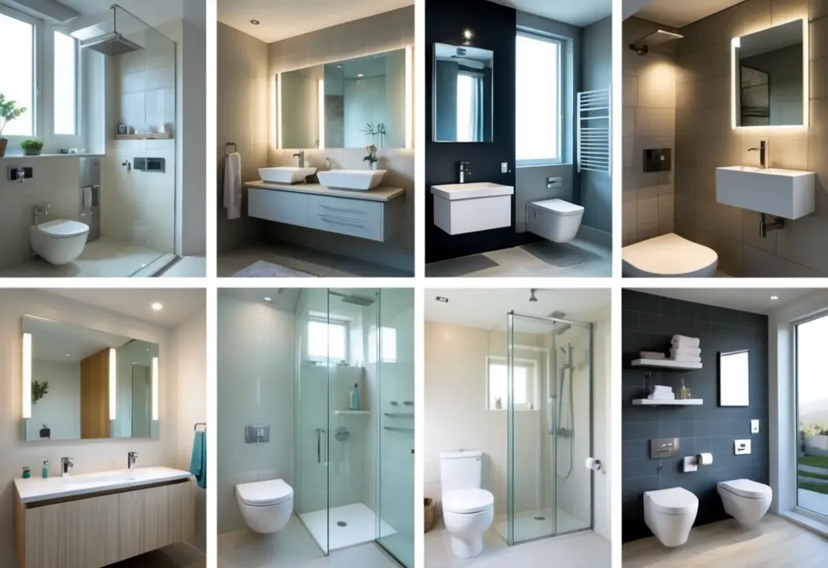 Seven small full bathrooms arranged in a collage, each showing a shower, toilet, and sink with space-saving designs and modern fixtures.