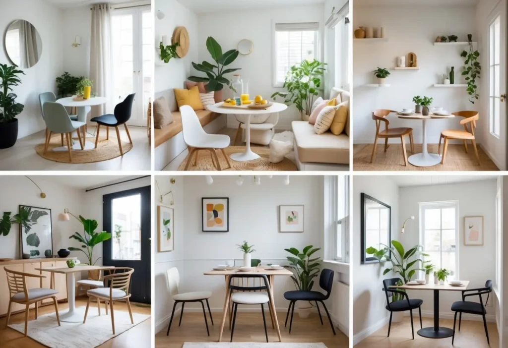 A collage of seven small dining rooms, each with a dining table, chairs, and decorative elements arranged in compact spaces.