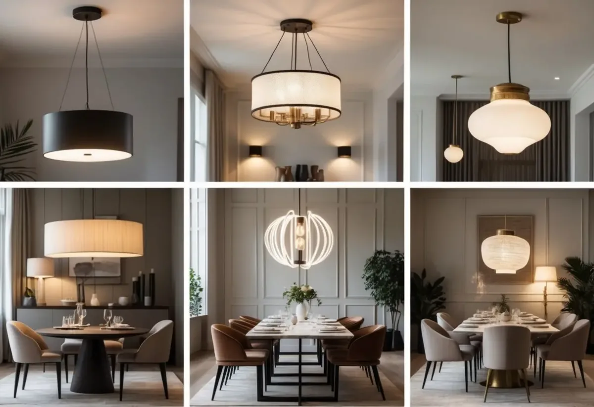 Seven different dining room light fixtures displayed in separate elegant dining rooms with tables and chairs.