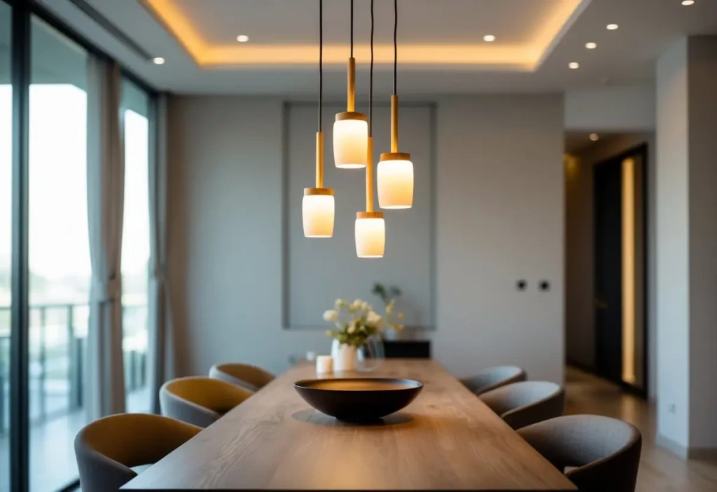 Dining room with pendant light fixtures hanging over a wooden dining table.