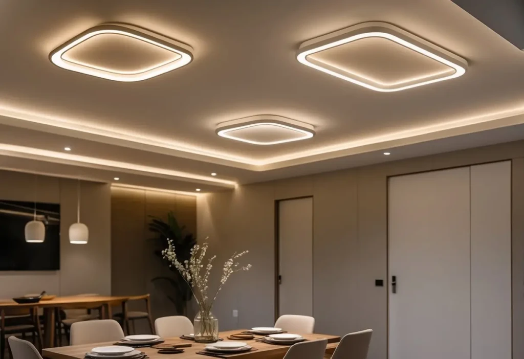 Dining room with low ceiling light fixtures above a wooden dining table and chairs.