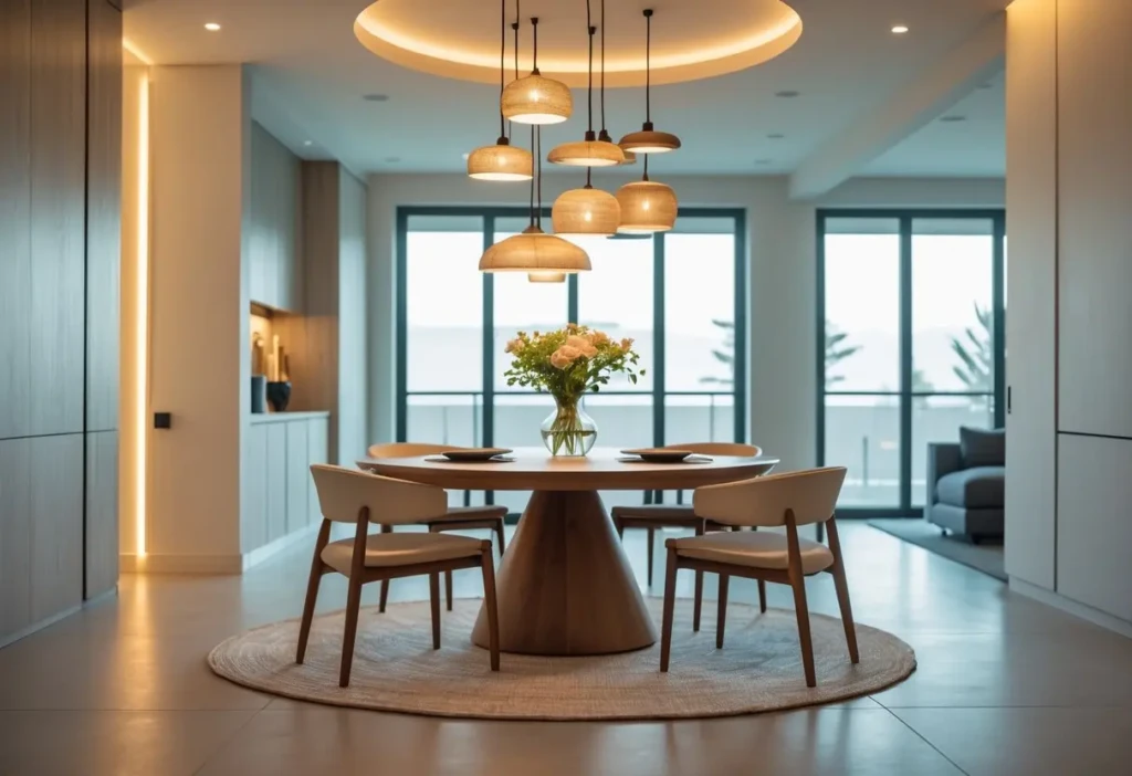 Dining room with a round table and multiple light fixtures hanging above it.