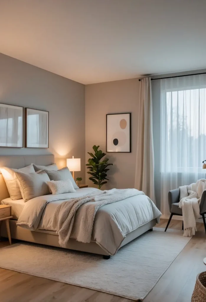 A cozy guest bedroom with a neatly made bed, bedside lamps, an armchair near a window, and warm natural lighting.