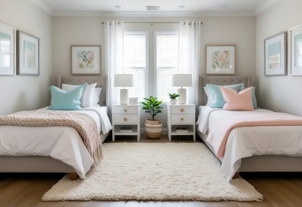 A guest bedroom with two twin beds, a nightstand between them, soft natural light, and cozy decor.