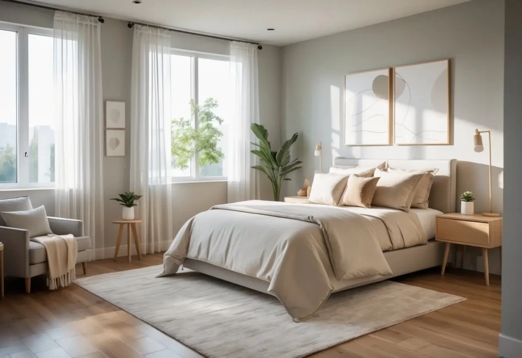 A cozy guest bedroom with a bed, nightstand, armchair, and natural light coming through windows.