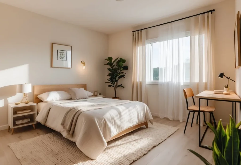 A cozy guest bedroom with a bed, bedside table, lamp, potted plant, window with curtains, desk, chair, and bookshelf.