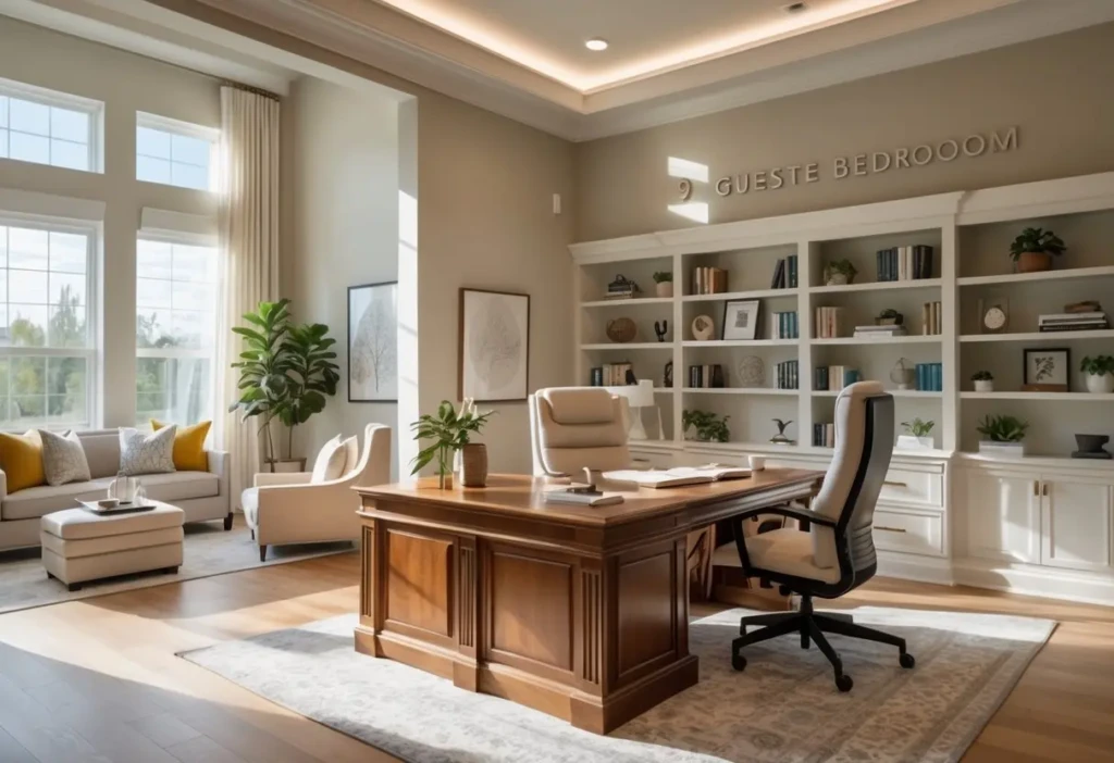 A bright home office with a large desk, bookshelves, seating area, and a neatly made guest bed in the background.