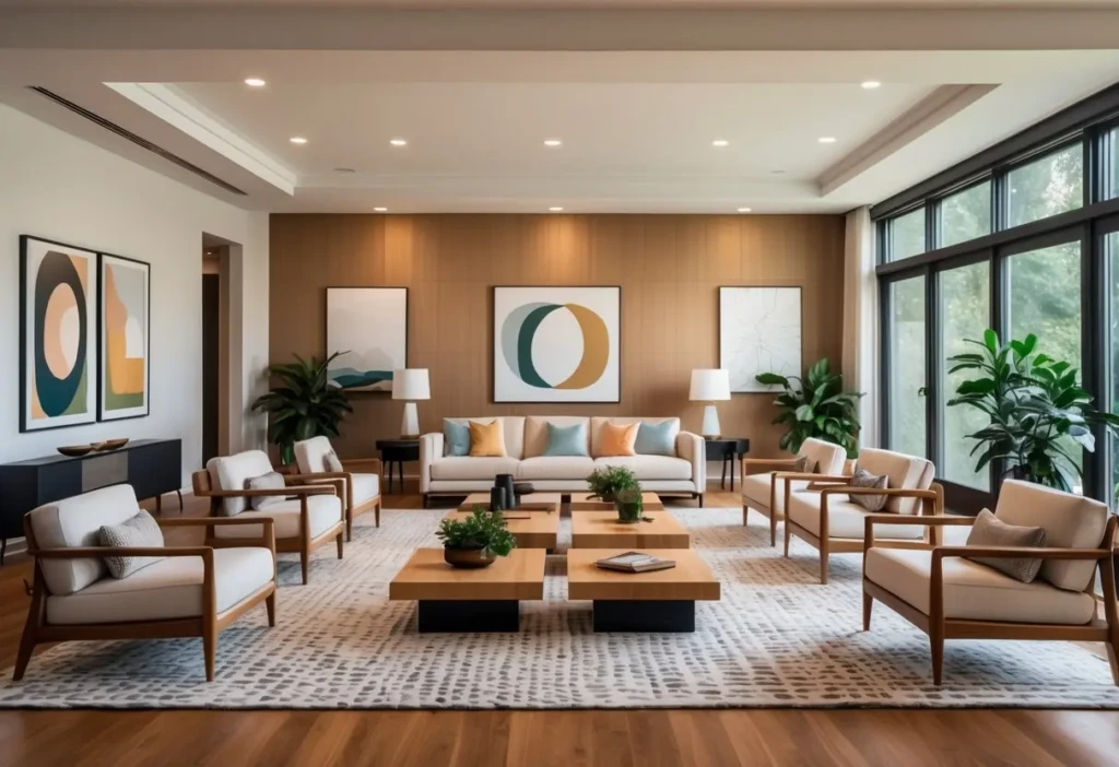 A spacious living room with seven seating areas, natural light, wooden floors, and modern furniture arranged neatly.