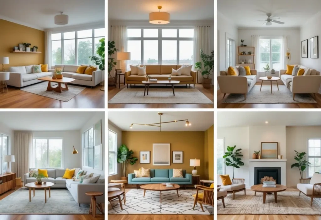 Eight different living rooms with sofas, coffee tables, rugs, and large windows arranged in a grid layout.