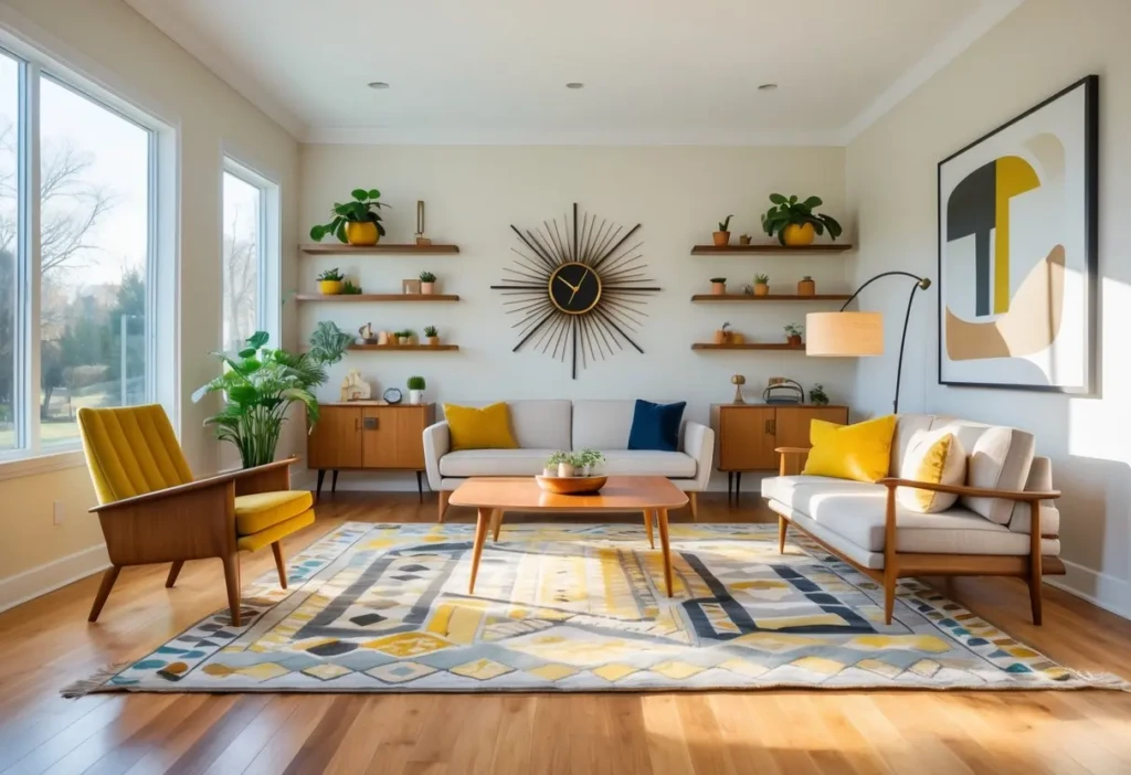 A living room with a sofa, lounge chair, coffee table, floor lamp, wall art, shelves with plants, a rug, and a wall clock.