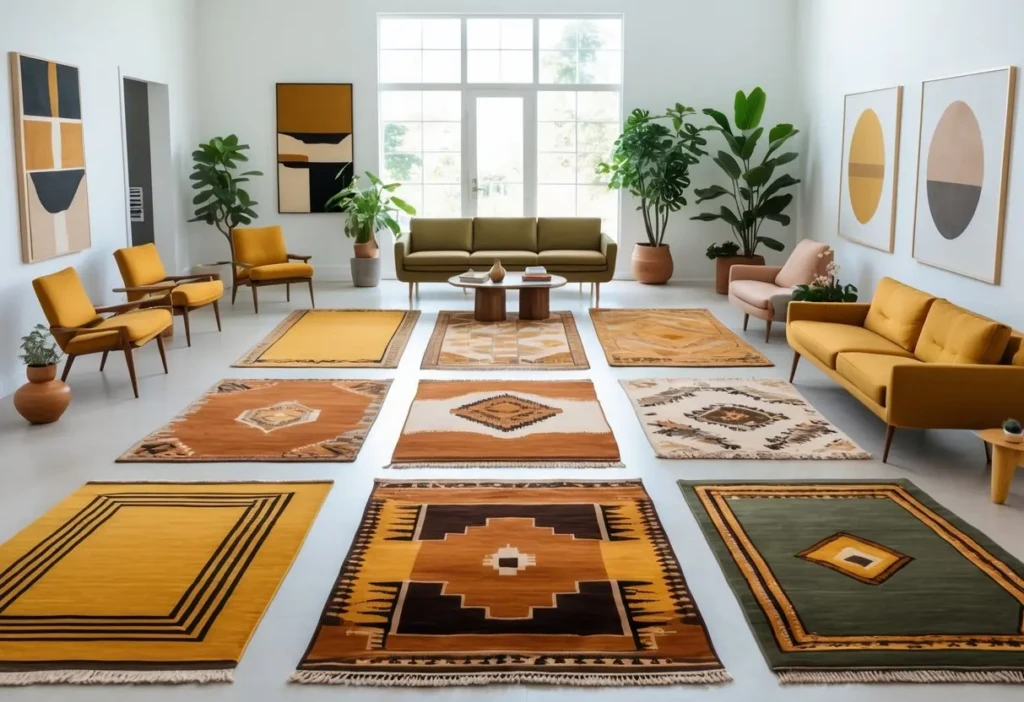 A bright living room with seven patterned rugs on the floor, surrounded by sofas, chairs, a coffee table, and plants.