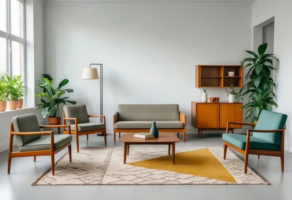 A bright living room with a sofa, armchair, coffee table, sideboard, floor lamp, bookshelf, rug, and decorative plants.