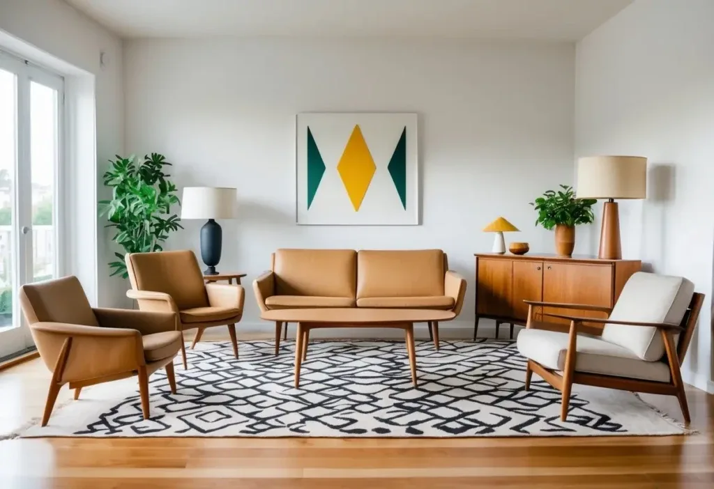 A bright living room with a sofa, coffee table, lounge chair, sideboard, floor lamp, armchair, rug, and a plant.