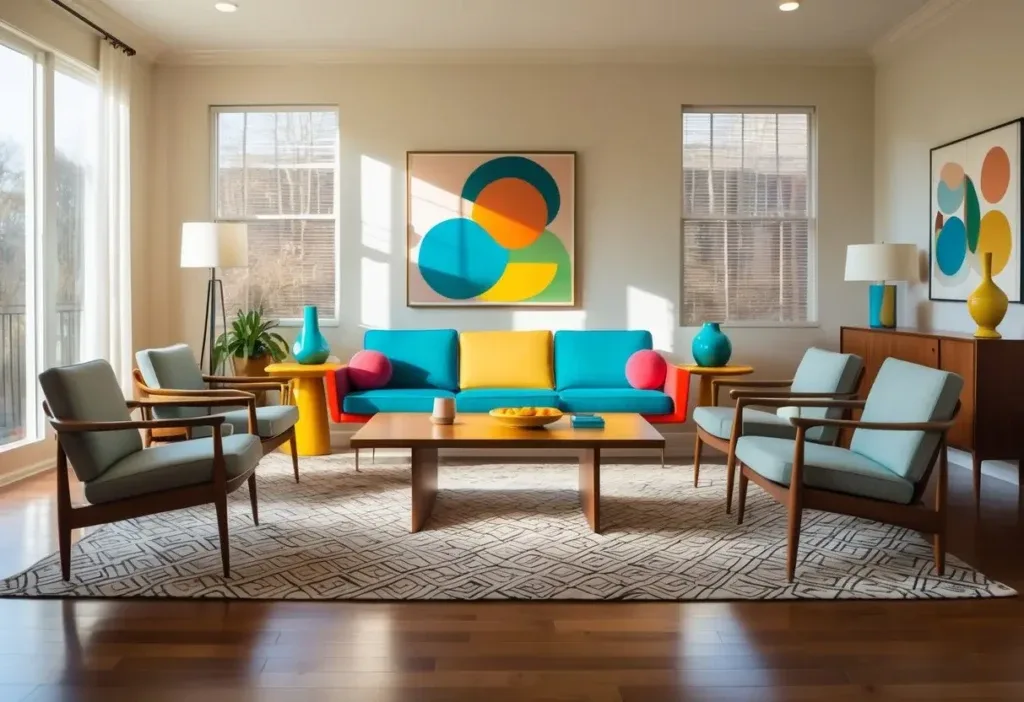 A living room with a colorful sofa surrounded by various modern furniture pieces.