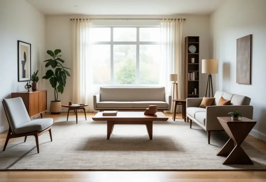A well-lit living room with a wooden bench surrounded by various pieces of furniture.