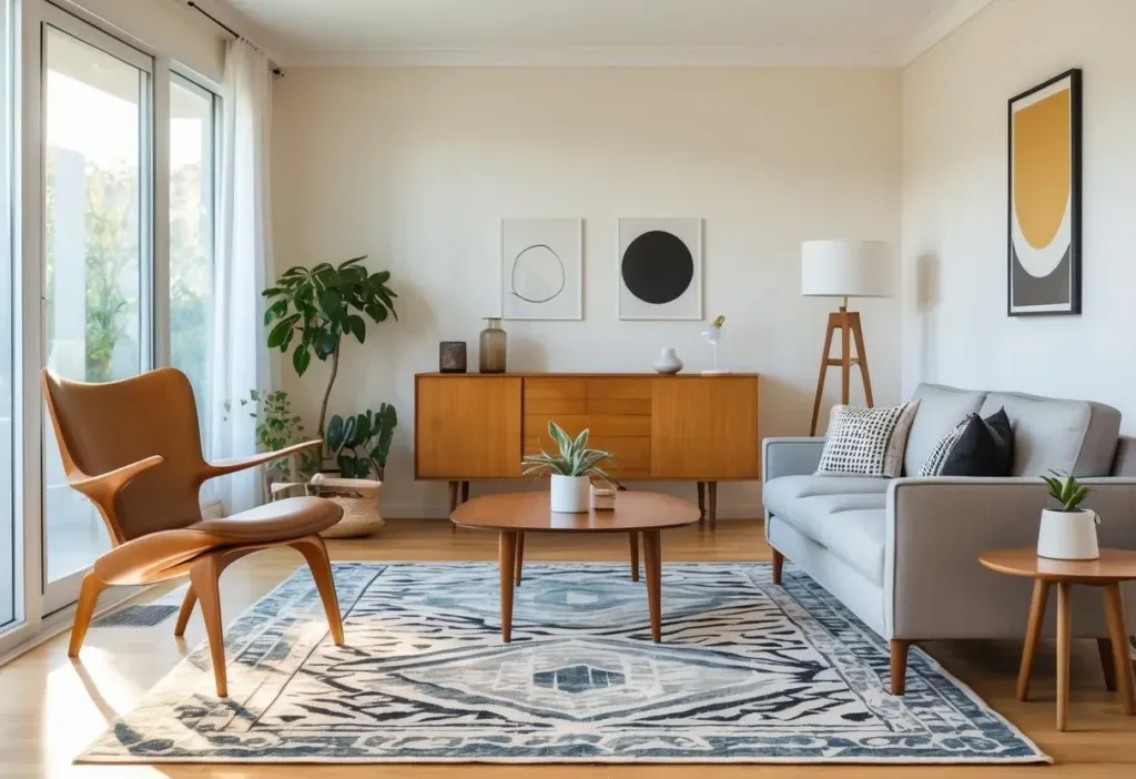A living room with a wooden chair, sofa, coffee table, sideboard, floor lamp, rug, and plants arranged neatly.