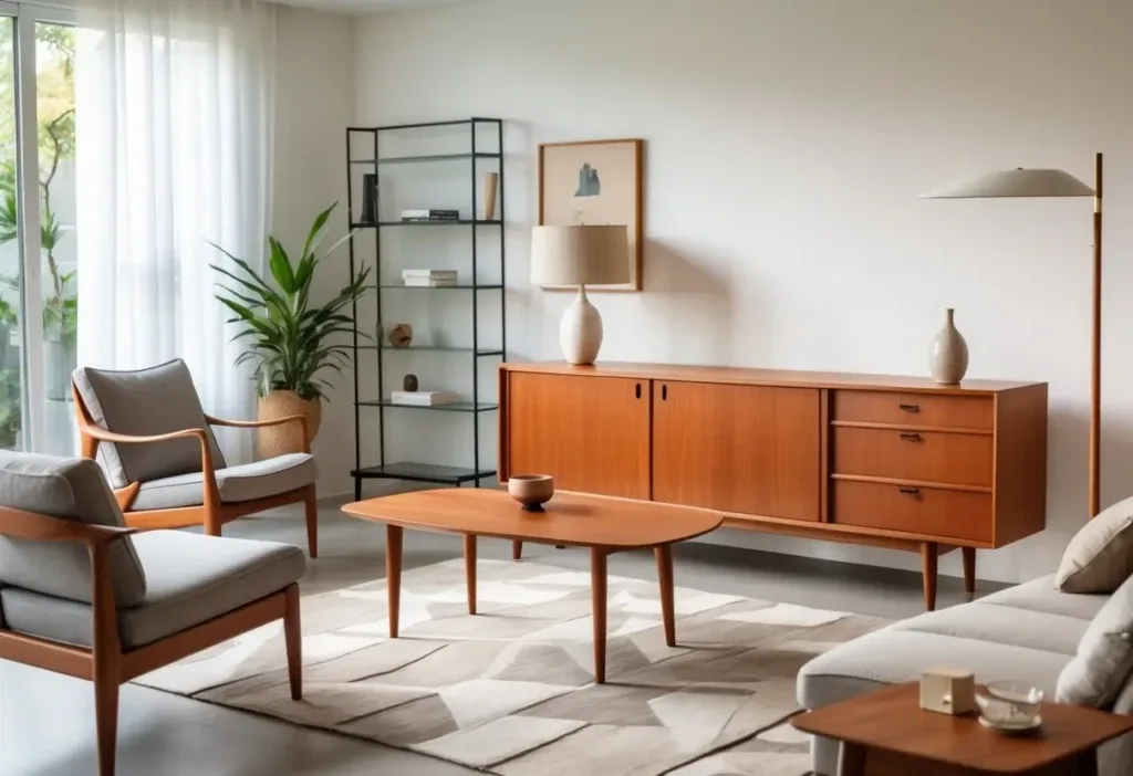 A living room with a wooden credenza surrounded by a sofa, chair, coffee table, bookshelf, lamp, rug, and decorative plants.