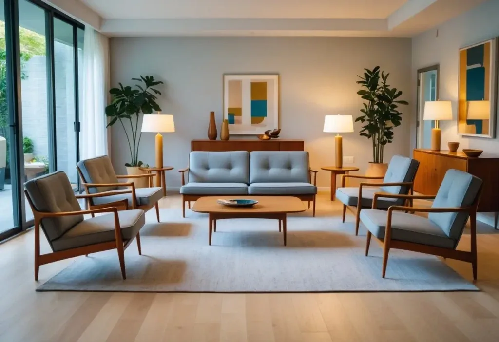 A living room with a sofa, armchairs, a coffee table, a sideboard, and indoor plants with natural light.
