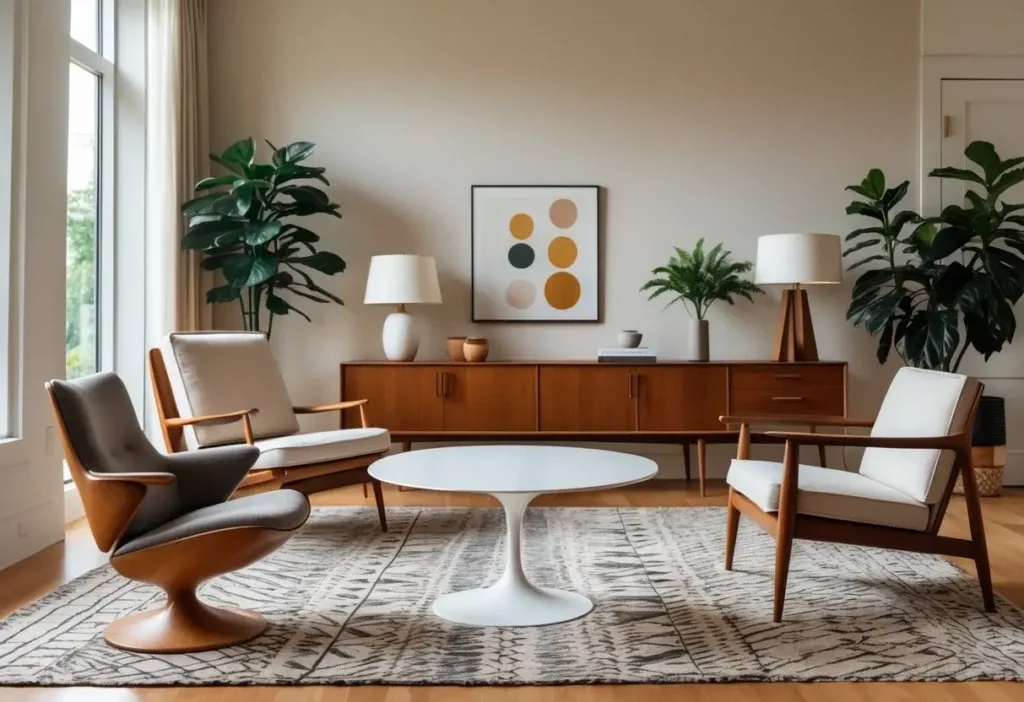 A living room with a round side table surrounded by a sofa, armchair, coffee table, sideboard, floor lamp, rug, and indoor plants.