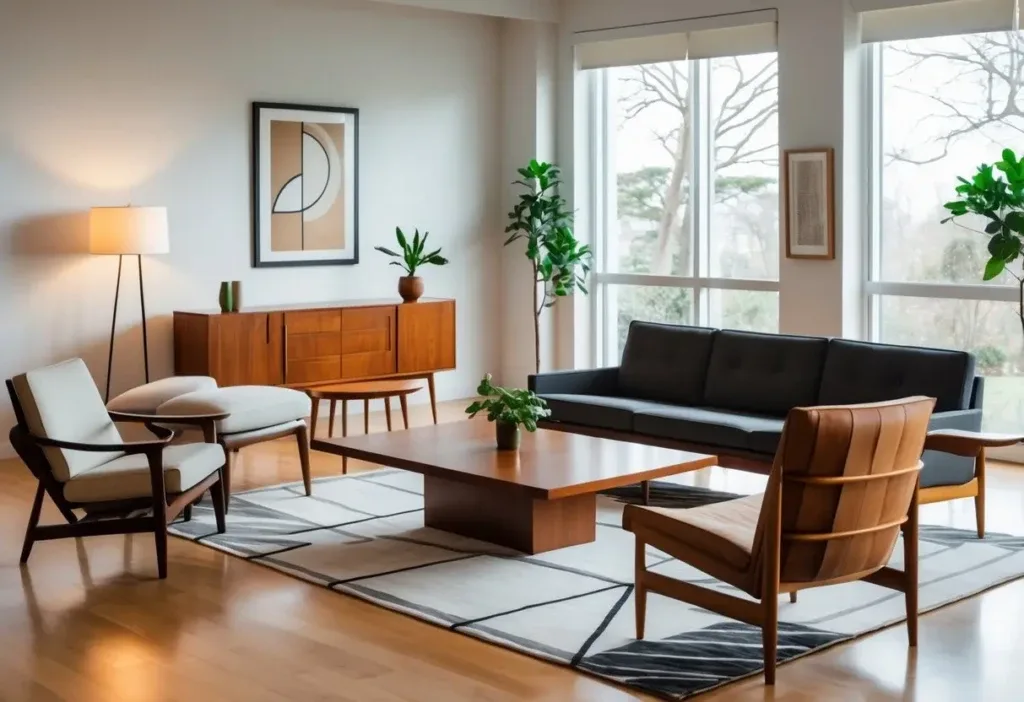 A living room with a wooden coffee table surrounded by a sofa, armchairs, a floor lamp, a sideboard, and decorative elements.