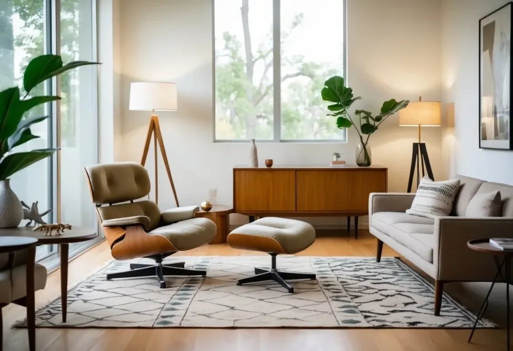 A living room with a lounge chair and ottoman near a window, surrounded by a sofa, coffee table, floor lamp, bookshelf, and a plant.