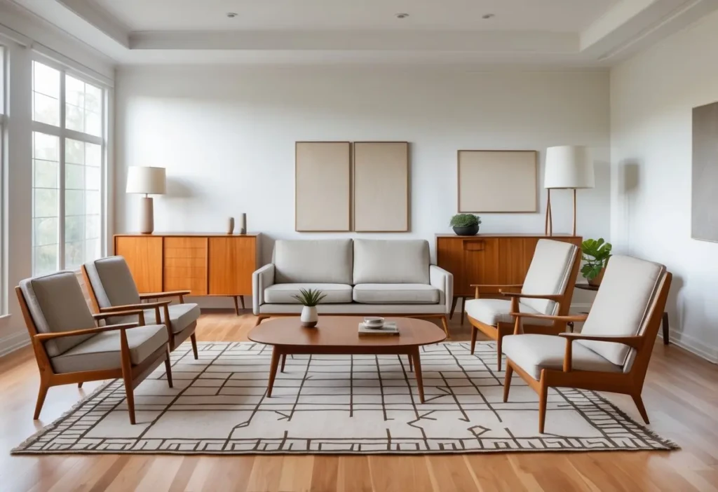 A living room with eight pieces of modern furniture including a sofa, armchairs, coffee table, sideboard, lounge chair, floor lamp, rug, and bookshelf.