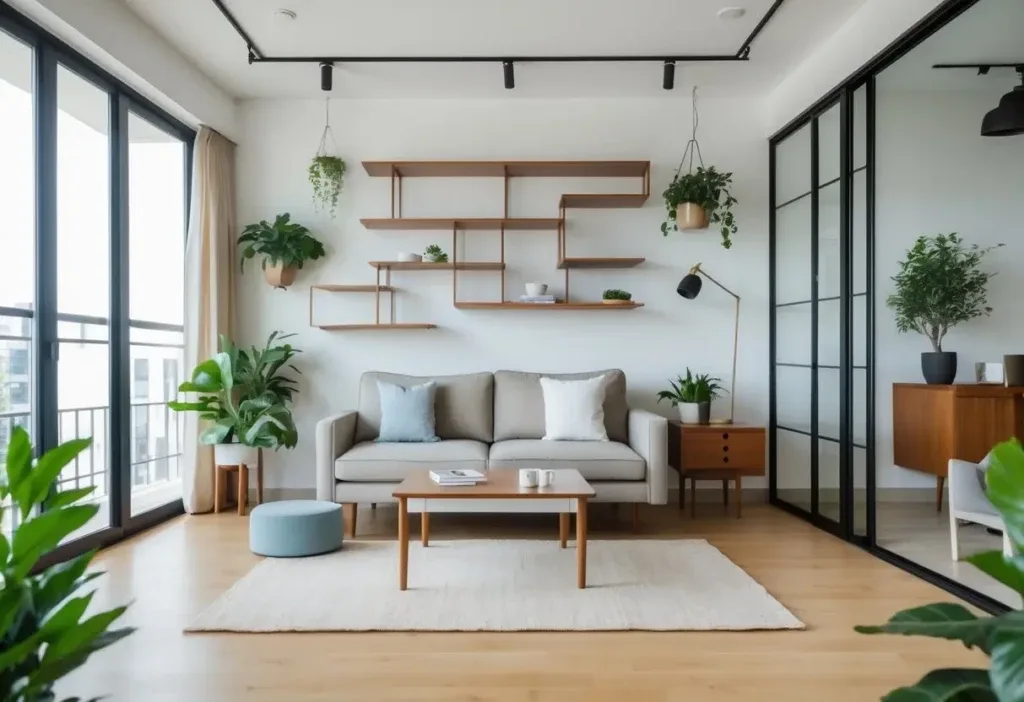 A bright and open apartment living room with a sofa, coffee table, shelves, and plants arranged to maximize space.