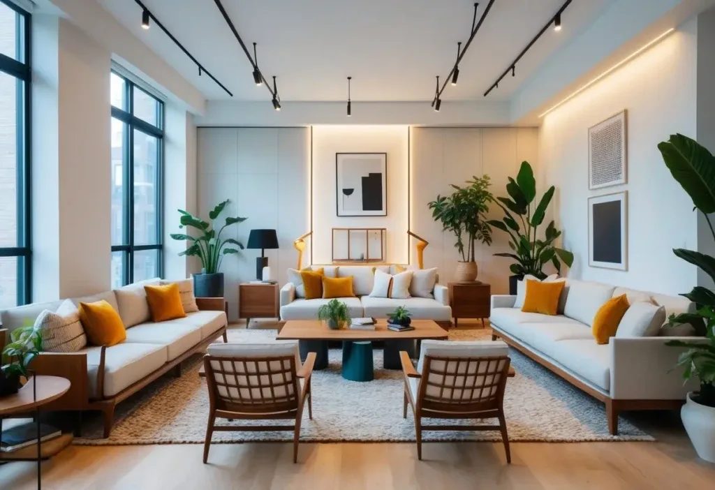A bright living room apartment with multiple seating areas, wooden furniture, large windows, and indoor plants.