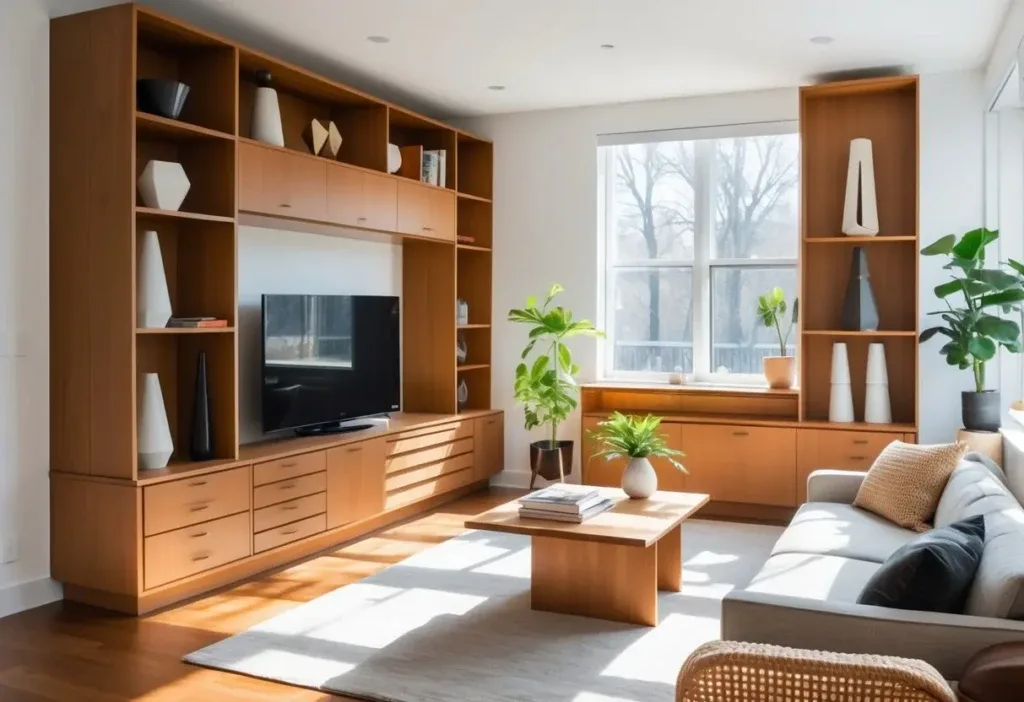 A bright living room with wooden storage units, a sofa, coffee table, and decorative items arranged neatly.