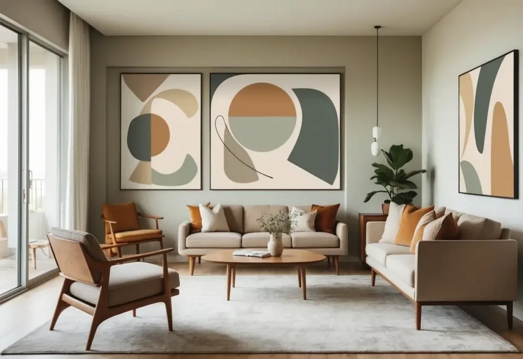 A living room with wooden furniture, a sofa, armchairs, large windows, and abstract wall art in soft colors.