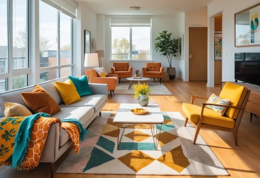 A bright living room with a sofa, colorful cushions, throw blankets, wooden furniture, and large windows letting in natural light.