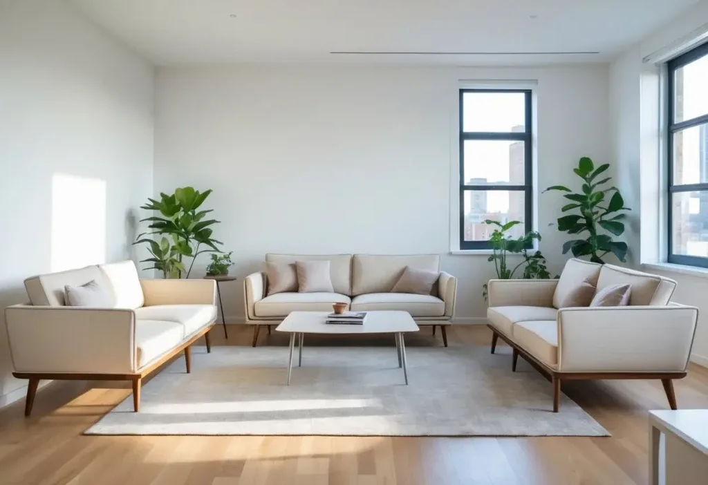 A bright living room with clean-lined sofas, wooden floors, and natural light coming through large windows.