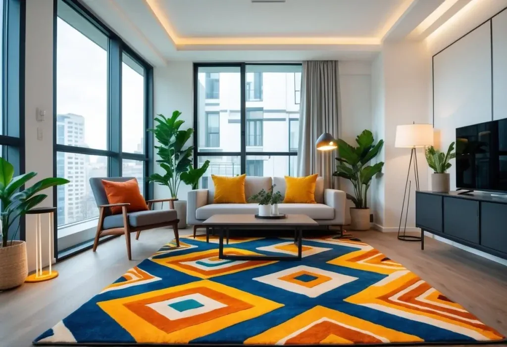 A bright living room with a sofa, coffee table, geometric patterned rugs, and large windows letting in natural light.