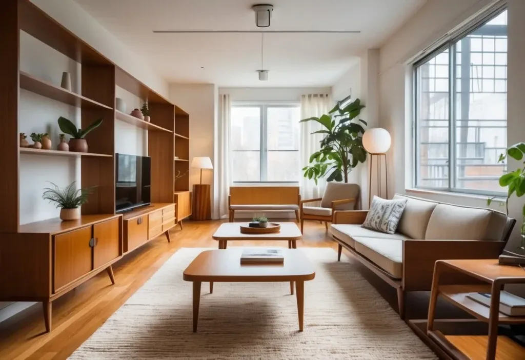 Living room apartment with warm wood coffee tables and shelves, a sofa, and natural light filling the space.