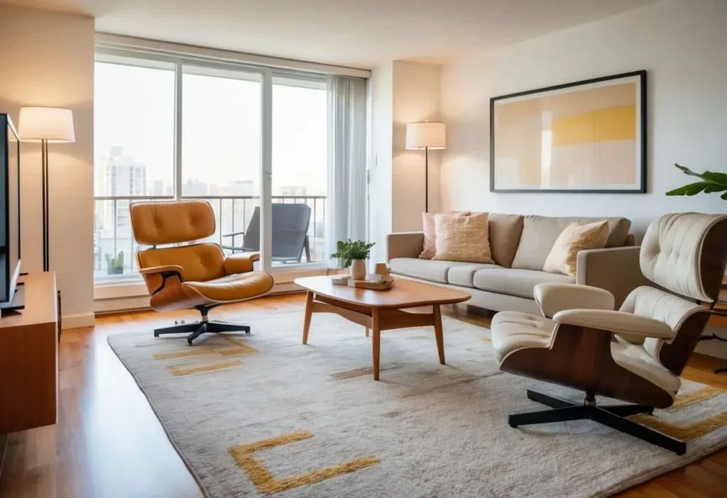 A well-lit living room with a lounge chair, coffee table, floor lamp, and large window.