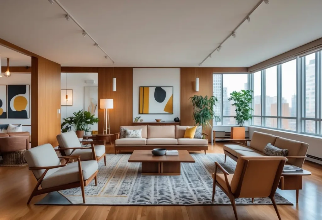 A spacious living room with multiple seating areas, large windows, wooden flooring, and modern furniture.