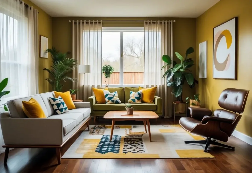 Mid century modern living room blending vintage and contemporary furniture with plants and large windows