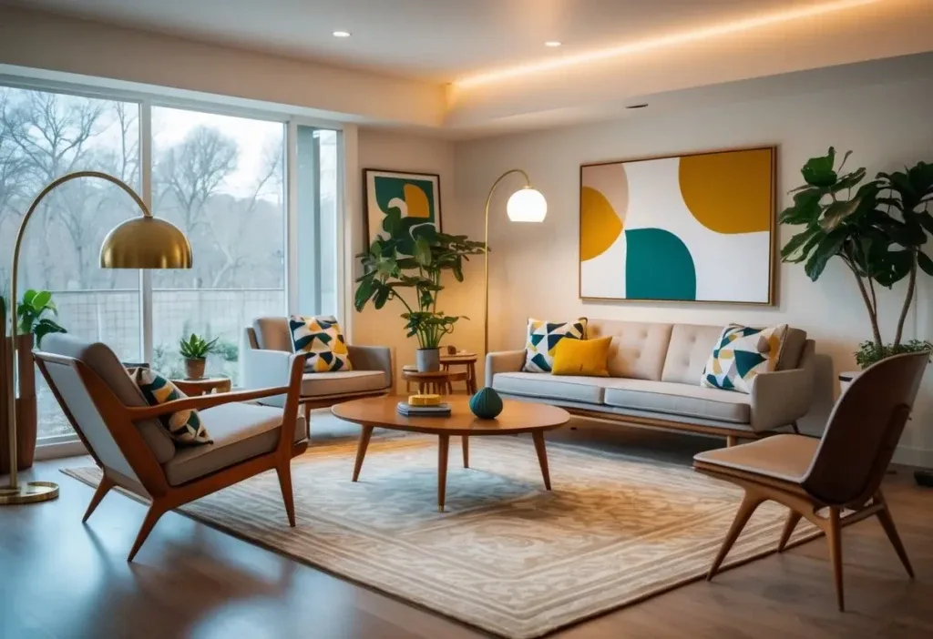 Mid century modern living room lighting and décor with wooden furniture, a floor lamp, plants, and decorative cushions