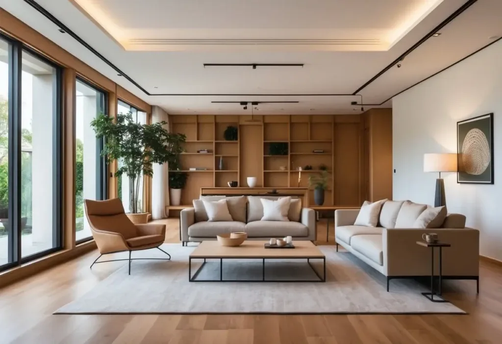 Mid century modern living room layout with a sofa, coffee table, lounge chair, and decorative shelves for easy movement