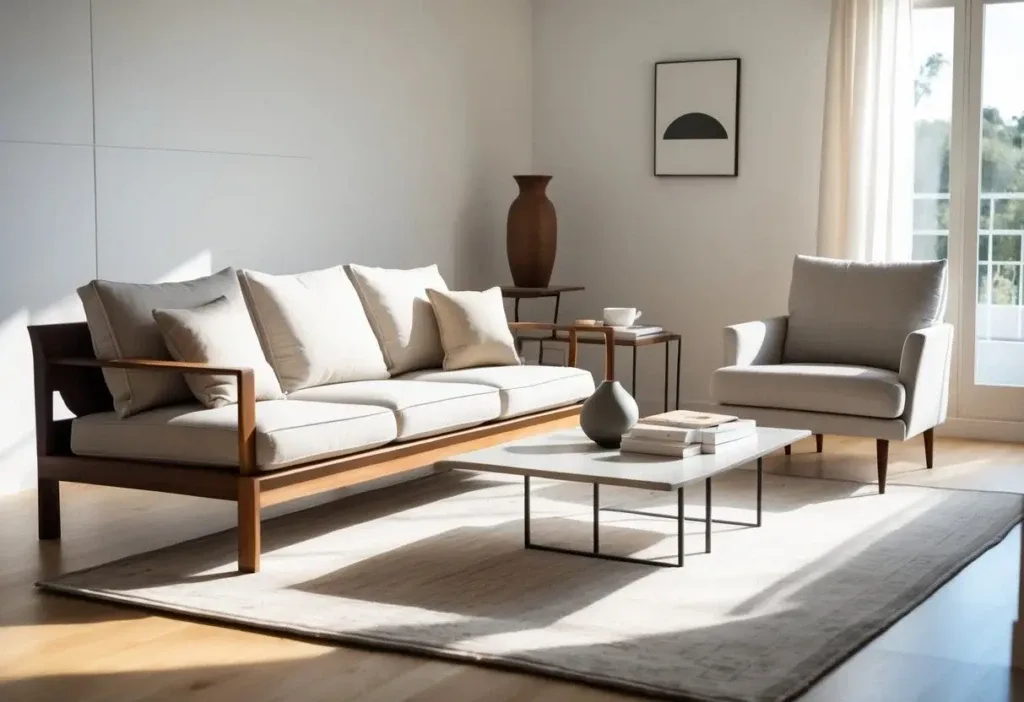 Mid century modern living room color palette with a wooden sofa, armchair, coffee table, and floor lamp