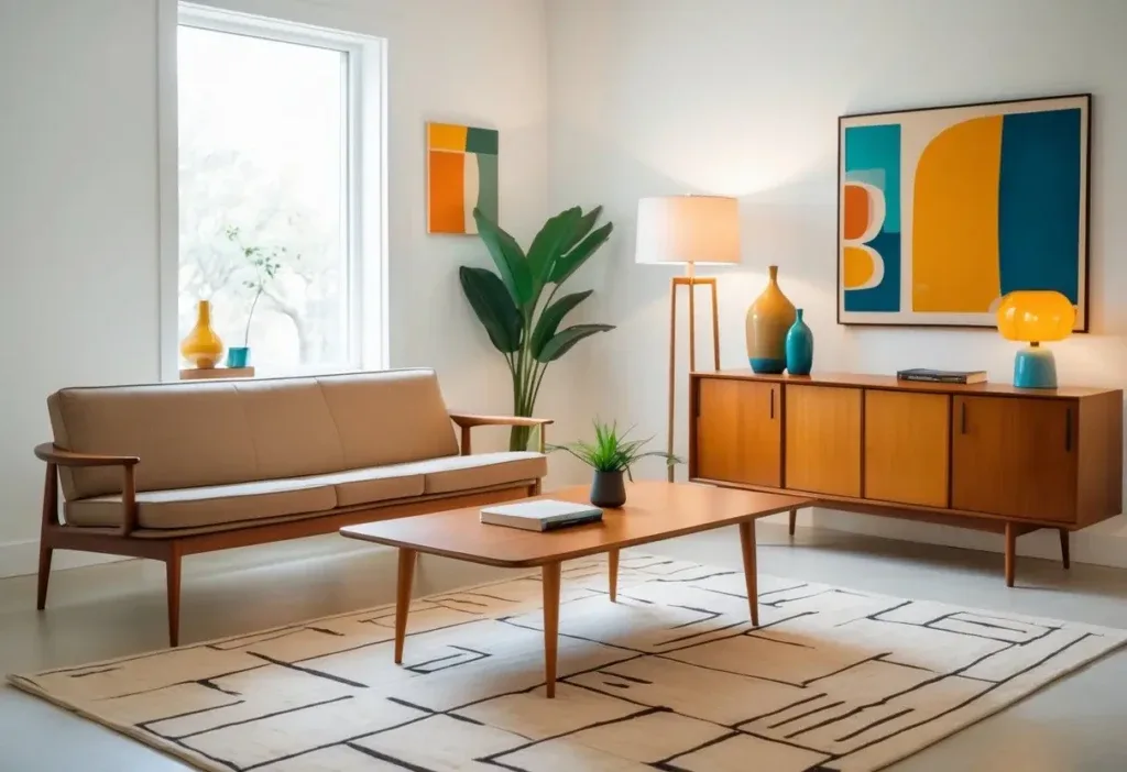 Mid century modern living room furniture including a wooden sofa, coffee table, and sideboard with decorative objects