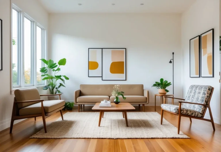 A bright living room with a sofa, coffee table, lounge chair, large windows, wooden flooring, and a potted plant.